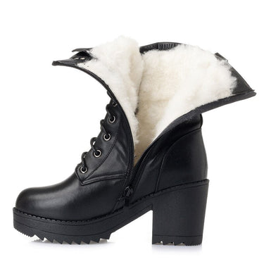 High Heels Genuine Leather Thick Wool Lace Up Snow Boots for Women  -  GeraldBlack.com