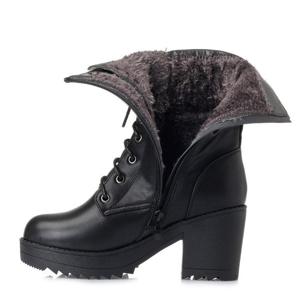 High Heels Genuine Leather Thick Wool Lace Up Snow Boots for Women  -  GeraldBlack.com
