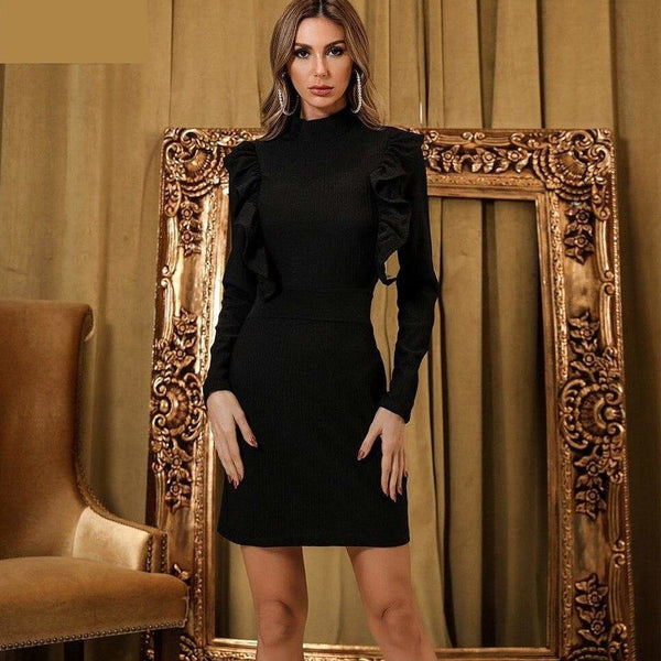 High Neck Long Sleeve Polyester Mini Dress with Ruffles for Women  -  GeraldBlack.com