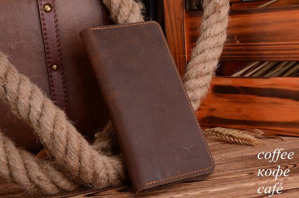 High Quality Genuine Crazy Horse Leather Men's Long Style Two Color Wallets - SolaceConnect.com
