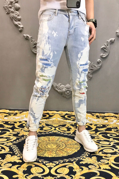 High Street Fashion Men's Hole Patch Diamond Full Length Skinny Jeans - SolaceConnect.com
