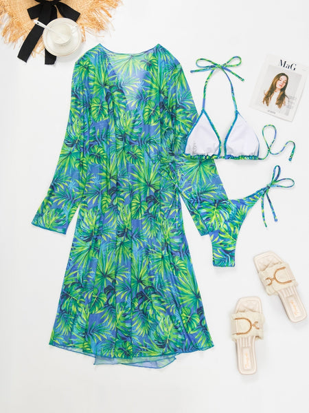 High Waist Green Leaves Print Long Sleeve Cover Up 3 Piece Swimsuit Beach Bathing Suit Swimwear  -  GeraldBlack.com