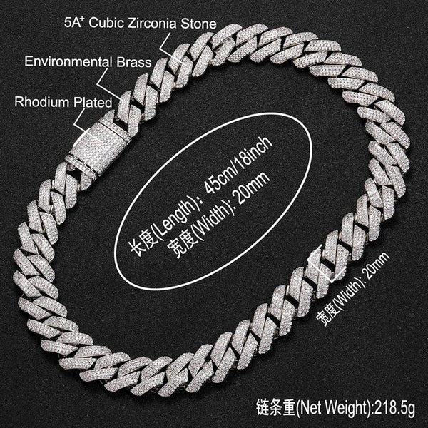 Hip Hop 3 Rows CZ Stone Paved Bling Ice Out 20mm Solid Big Heavy Rhombus Cuban Miami Link Chain Necklace for Men Rapper Jewelry  -  GeraldBlack.com