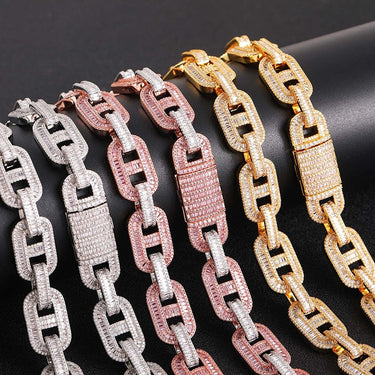 Hip Hop 3A+ Cubic Zirconia Set Bling Iced Out 15mm Coffee Beans Pig Nose Link Chain Necklaces for Men Rapper Jewelry Gift  -  GeraldBlack.com