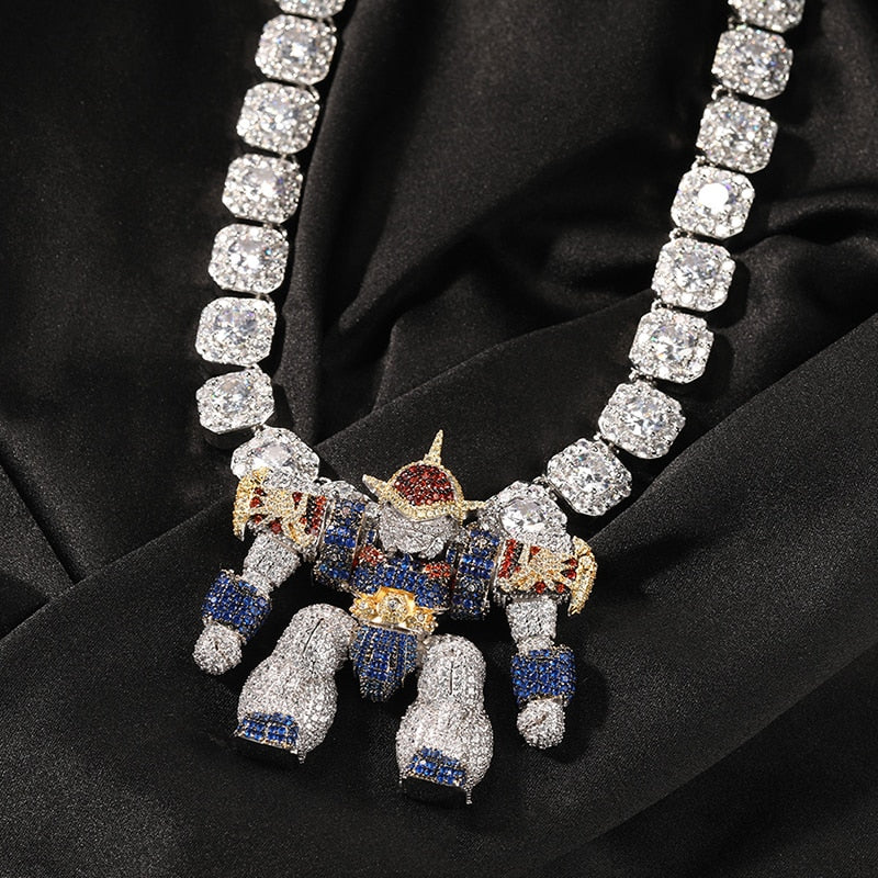 Hip Hop 3A+ CZ Stone Bling Iced Out Cartoon Mech Warrior Pendants Necklaces for Men Rapper Jewelry Gift  -  GeraldBlack.com