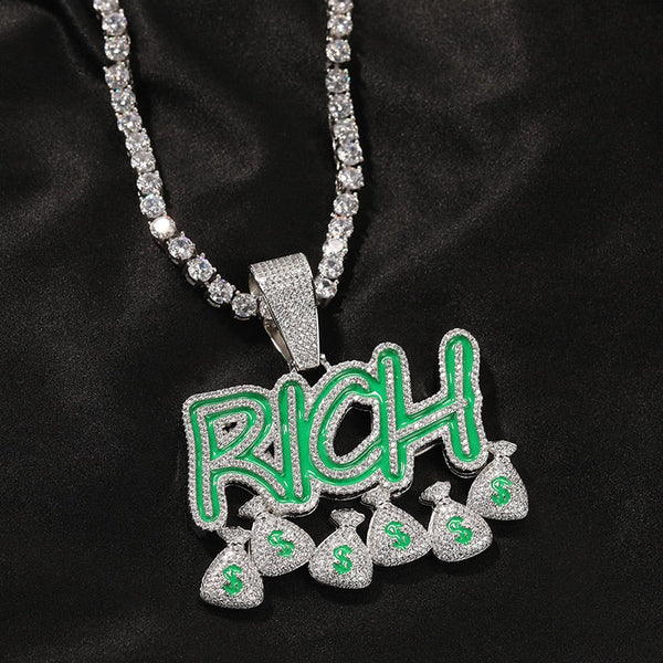 Hip Hop 3A+ CZ Stone Bling Iced Out Dollars Sign Money Bag Rich Pendants Necklaces for Men Rapper Jewelry Gold Silver Color Gift  -  GeraldBlack.com