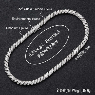 Hip Hop 3A+ CZ Stone Paved Bling Iced Out 8mm Twist Link Chain Chokers Necklaces for Unisex Rapper Jewelry Gift  -  GeraldBlack.com