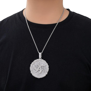 Hip Hop 3A+ CZ Stone Paved Bling Iced Out Big Runes Round Pendants Necklace for Men Rapper Jewelry Silver Color  -  GeraldBlack.com