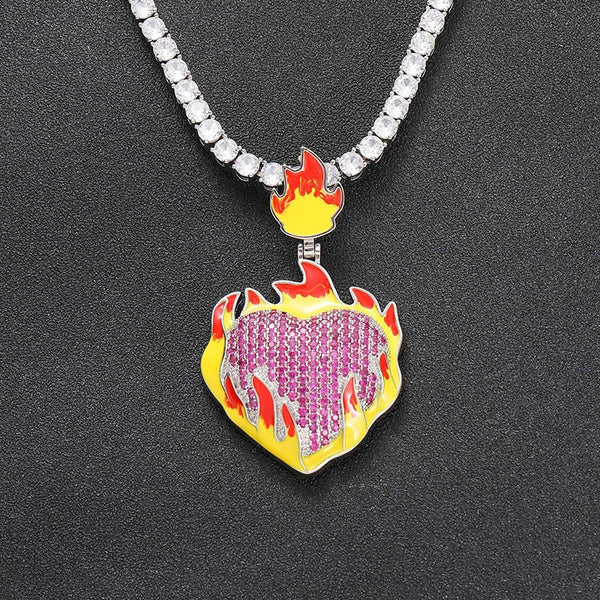 Hip Hop 3A+ CZ Stone Paved Bling Iced Out Ice Fire Luminous Heart Pendants Necklace for Men Rapper Jewelry  -  GeraldBlack.com