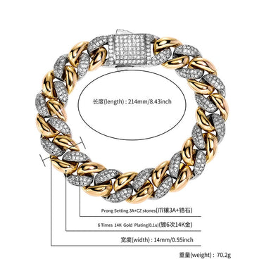 HIP HOP 3A CZ Stone Paved Bling Iced Out Two Tone Round Cuban Link Chain Bracelets for Men Rapper Jewelry  -  GeraldBlack.com
