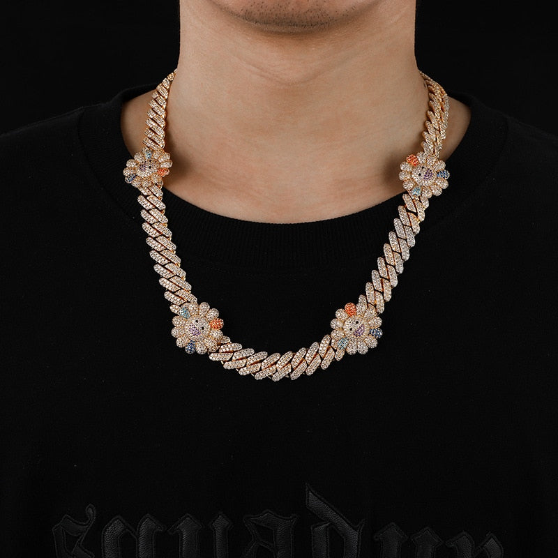 Hip Hop 5A+ CZ Stone Paved Bling Ice Out Sunflower Set Cuban Miami Link Chain Necklace for Men Rapper Jewelry  -  GeraldBlack.com