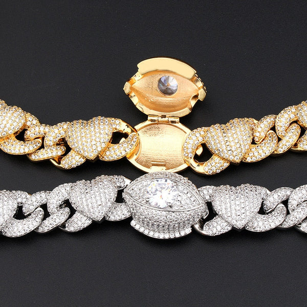 Hip Hop 5A+ CZ Stone Paved Bling Iced Out Heart Eye Solid Big Round Cuban Link Chain Bracelet for Men Rapper Jewelry Gift  -  GeraldBlack.com
