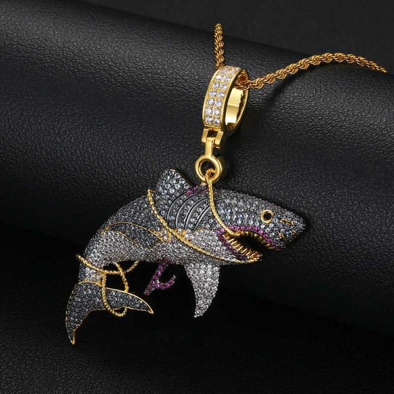 Hip Hop 5A CZ Stone Paved Bling Iced Out Tied Shark Animal Pendants Necklace for Men Rapper Jewelry Gift  -  GeraldBlack.com