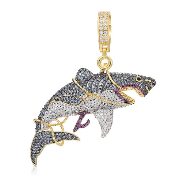 Hip Hop 5A CZ Stone Paved Bling Iced Out Tied Shark Animal Pendants Necklace for Men Rapper Jewelry Gift  -  GeraldBlack.com