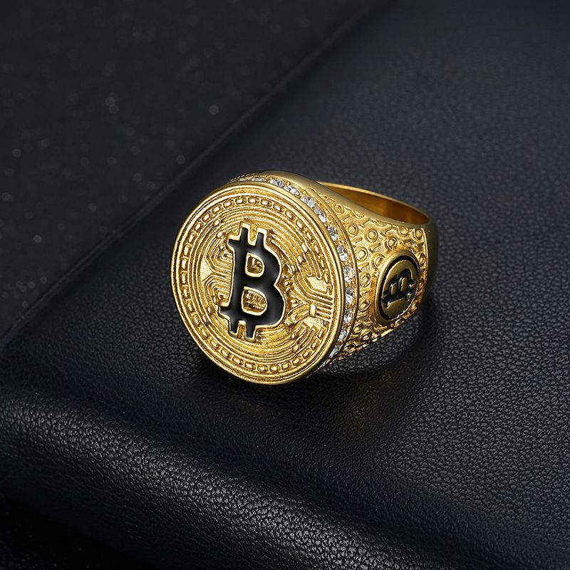 Hip Hop Bling Gold Silver Color Stainless Steel Bitcoin Round Rings for Men Rapper Jewelry Size 7-13  -  GeraldBlack.com