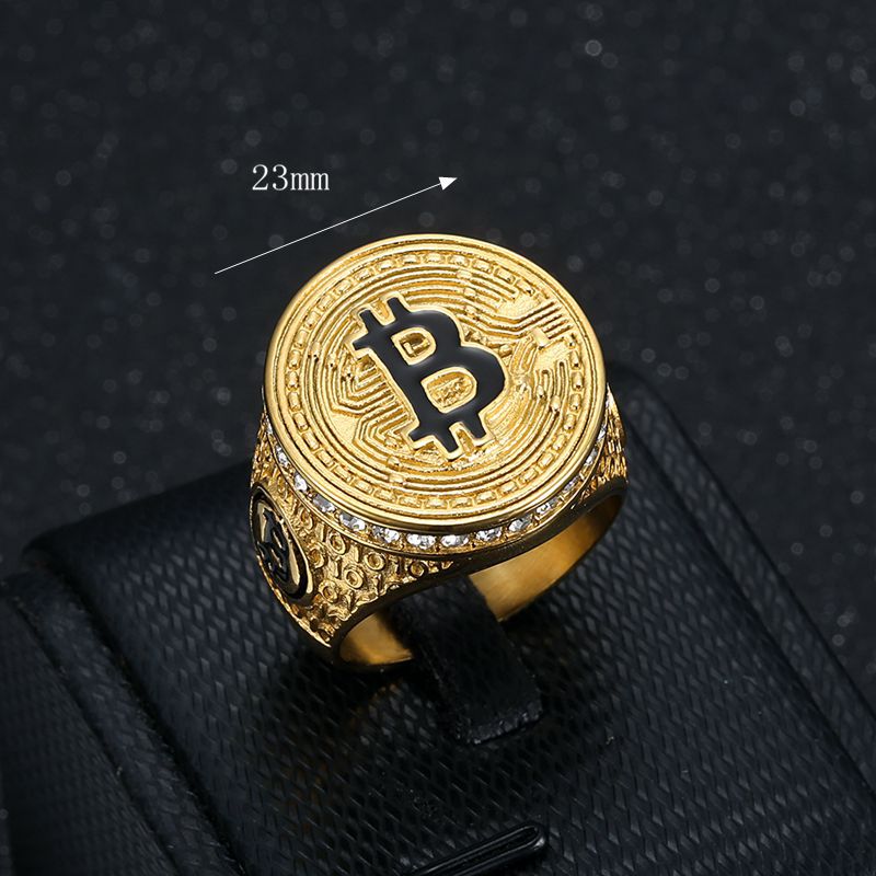 Hip Hop Bling Gold Silver Color Stainless Steel Bitcoin Round Rings for Men Rapper Jewelry Size 7-13  -  GeraldBlack.com