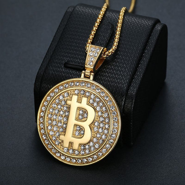 Hip Hop Bling Iced Out Gold Silver Color Stainless Steel Bitcoin Round Pendants Necklaces for Men Rapper Jewelry Gift  -  GeraldBlack.com