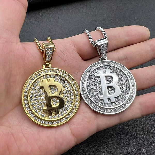 Hip Hop Bling Iced Out Gold Silver Color Stainless Steel Bitcoin Round Pendants Necklaces for Men Rapper Jewelry Gift  -  GeraldBlack.com