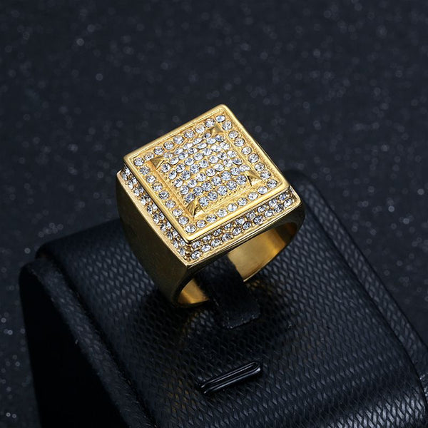 Hip Hop Bling Iced Out Gold Silver Color Stainless Steel Geometric Square Rings for Men Rapper Jewelry Size 7-13  -  GeraldBlack.com
