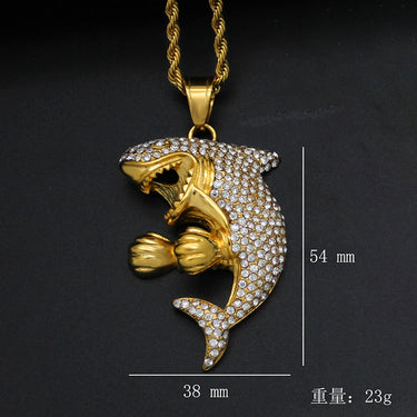 Hip Hop Bling Iced Out Gold Silver Color Titanium Stainless Steel Boxing Shark Pendants Necklace for Men Rapper Jewelry Gift  -  GeraldBlack.com