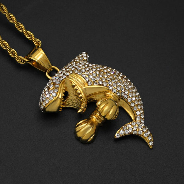 Hip Hop Bling Iced Out Gold Silver Color Titanium Stainless Steel Boxing Shark Pendants Necklace for Men Rapper Jewelry Gift  -  GeraldBlack.com