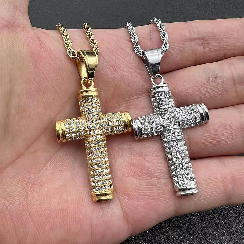 Hip Hop Bling Iced Out Gold Silver Color Titanium Stainless Steel Semi Cylindrical Cross Pendant Necklace for Men Rapper Jewelry  -  GeraldBlack.com