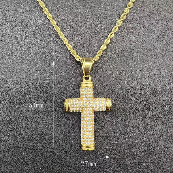 Hip Hop Bling Iced Out Gold Silver Color Titanium Stainless Steel Semi Cylindrical Cross Pendant Necklace for Men Rapper Jewelry  -  GeraldBlack.com