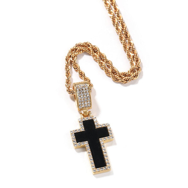Hip Hop Bling Iced Out Rhinestone Gold Color Solid Stainless Steel Cross Pendants Necklace for Men Rapper Jewelry  -  GeraldBlack.com