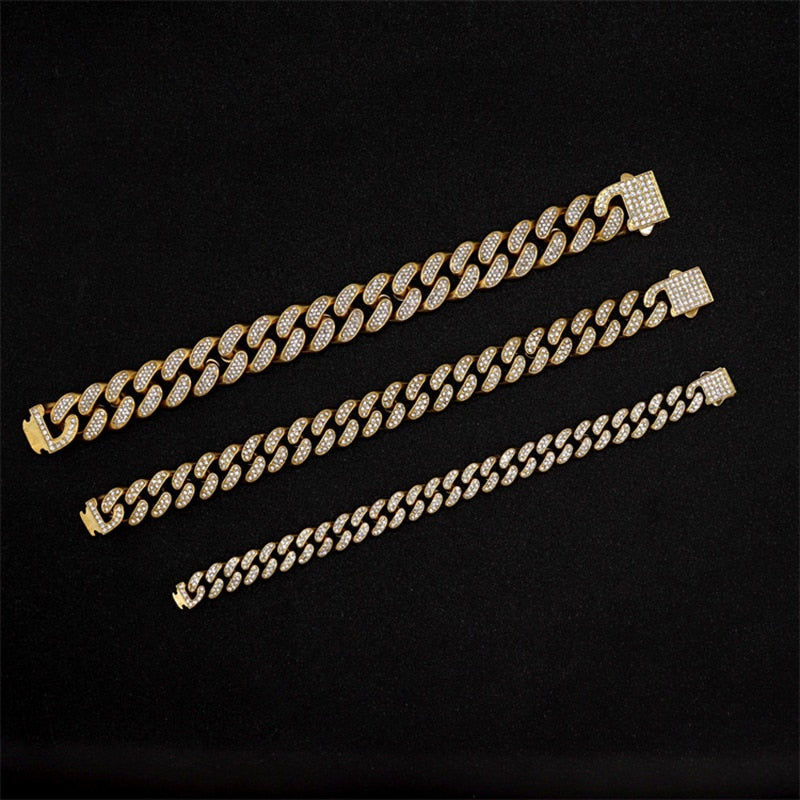 Hip Hop Bling Iced Out Solid Stainless Steel Round Cuban Link Chain Bracelets for Men Rock Jewelry Gold Silver Color Gift  -  GeraldBlack.com