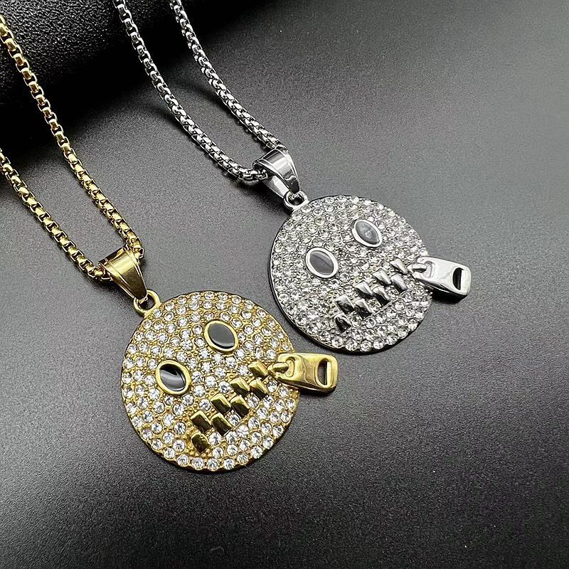 Hip Hop Bling Iced Out Solid Stainless Steel Zipper Shut Up Face Round Pendants Necklaces for Men Rapper Jewelry  -  GeraldBlack.com