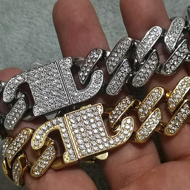 Hip Hop Bling Iced Out Stainless Steel Cuban Miami Link Chain Bracelets for Men Rock Jewelry Gold Silver Color Gift  -  GeraldBlack.com