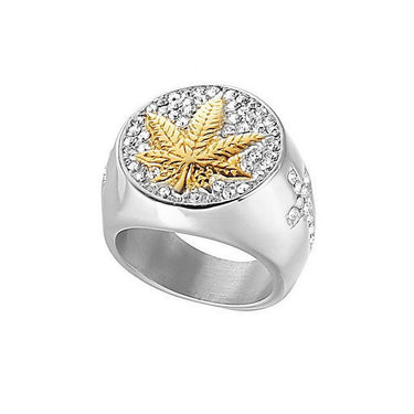 Hip Hop Bling Iced Out Stainless Steel Maple Leaves Round Finger Rings for Men Rapper Jewelry  -  GeraldBlack.com