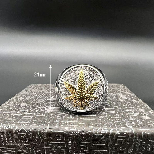 Hip Hop Bling Iced Out Stainless Steel Maple Leaves Round Finger Rings for Men Rapper Jewelry  -  GeraldBlack.com