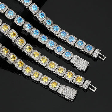 Hip Hop Blue Yellow CZ Stone Paved Bing Iced Out 10mm Tennis Link Chain Chokers Necklaces for Men Rapper Jewelry Gift  -  GeraldBlack.com