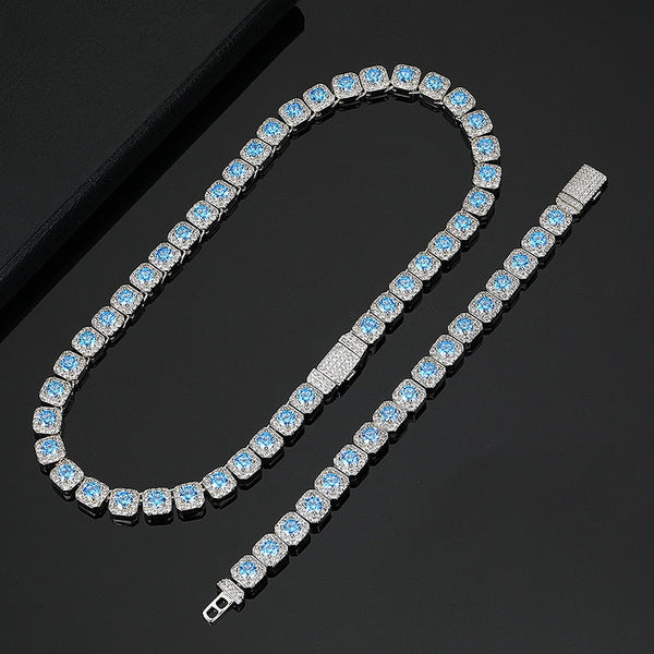 Hip Hop Blue Yellow CZ Stone Paved Bing Iced Out 10mm Tennis Link Chain Chokers Necklaces for Men Rapper Jewelry Gift  -  GeraldBlack.com