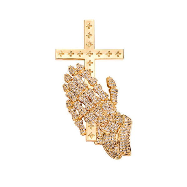 Hip Hop Men's 3A+ CZ Stone Paved Bling Iced Out Praying Hand Cross Pendants Necklace Rapper Jewelry Christian Father Gift  -  GeraldBlack.com