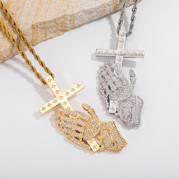 Hip Hop Men's 3A+ CZ Stone Paved Bling Iced Out Praying Hand Cross Pendants Necklace Rapper Jewelry Christian Father Gift  -  GeraldBlack.com