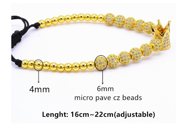 Hip Hop Men's Cubic Micro Pave Crown Charm Zircon Round Beads Braided Bracelet  -  GeraldBlack.com