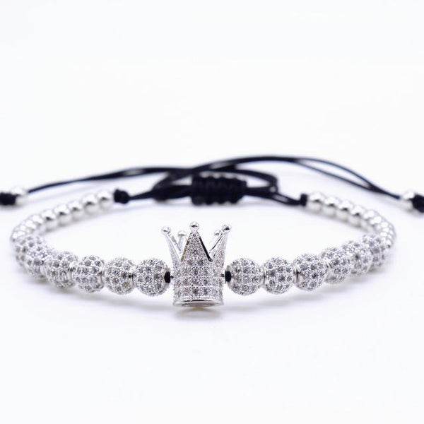 Men's Cubic Micro Pave Crown Charm Zircon Round Beads Braided Bracelet - SolaceConnect.com