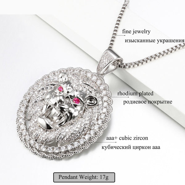 Lion Head Round Paved Pendant&Necklace Animal King Vintage Gold Silver Color Hiphop Chain For Men - SolaceConnect.com