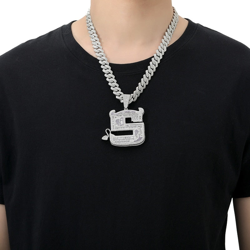 Hip Hop Micro Paved 3A+ Cubic Zirconia Bling Iced Out Big Devil Pendants Necklaces for Men Rapper Jewelry Silver Color  -  GeraldBlack.com