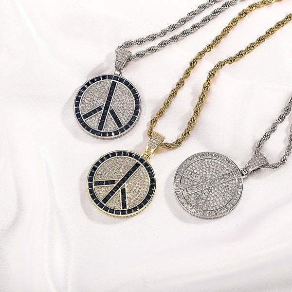 Hip Hop Micro Paved 3A+ Cubic Zirconia Bling Iced Out Peace Sign Round Pendants Necklaces for Men Rapper Jewelry  -  GeraldBlack.com
