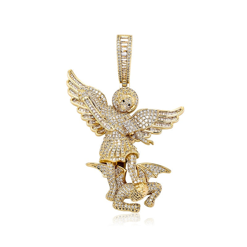 Hip Hop Micro Paved AAA Cubic Zirconia Bling Iced Out Angel Defeats Demon Pendants Necklace for Men Rapper Jewelry Gift  -  GeraldBlack.com