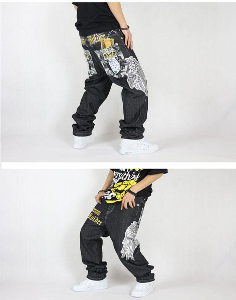 Hip Hop Plus Size Jeans for Men Loose Denim Pants with Hawk Wings - SolaceConnect.com