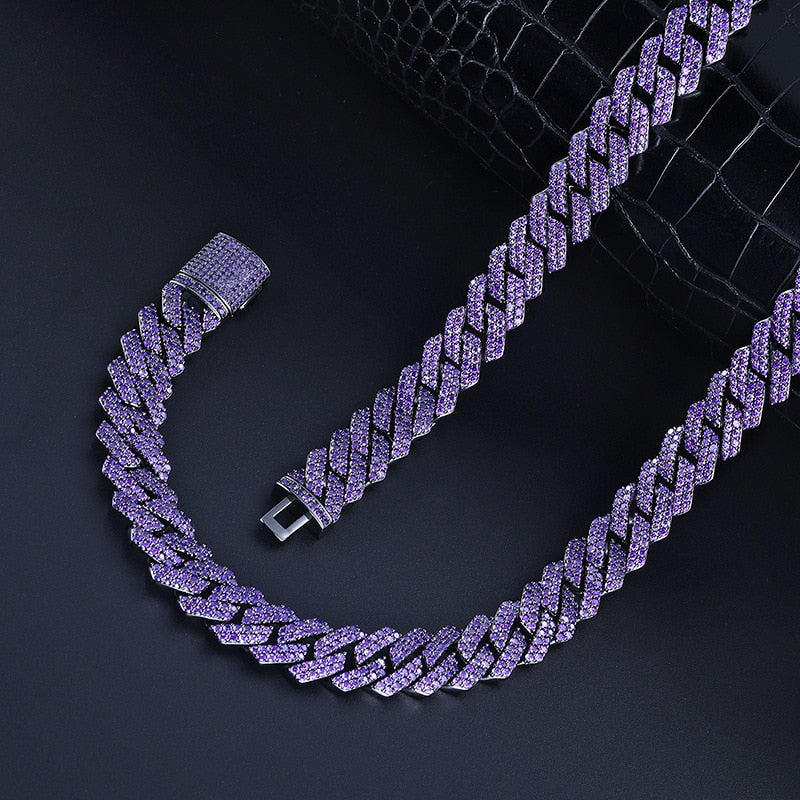 Hip Hop Purple CZ Stone Bling Ice Out 14mm Wide Black Square Cuban Miami Link Chain Necklace for Men Rapper Jewelry Jewelry  -  GeraldBlack.com