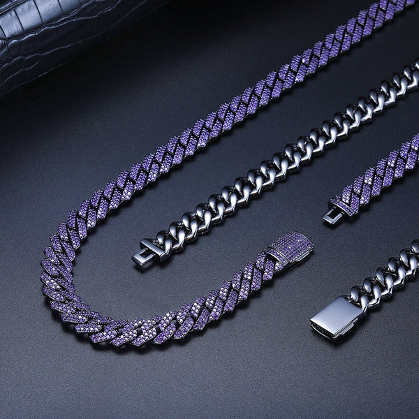 Hip Hop Purple CZ Stone Bling Ice Out 14mm Wide Black Square Cuban Miami Link Chain Necklace for Men Rapper Jewelry Jewelry  -  GeraldBlack.com