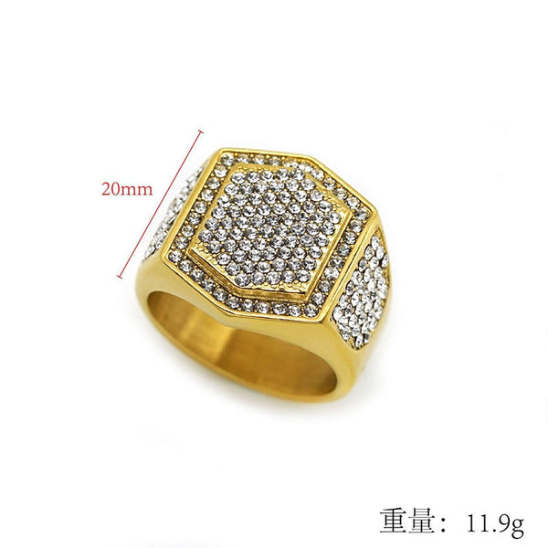 HIP Hop Rhinestone Paved Bling Iced Out Gold Stainless Steel Geometric Square Finger Rings for Men Rapper Jewelry Gift  -  GeraldBlack.com