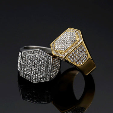 HIP Hop Rhinestone Paved Bling Iced Out Gold Stainless Steel Geometric Square Finger Rings for Men Rapper Jewelry Gift  -  GeraldBlack.com