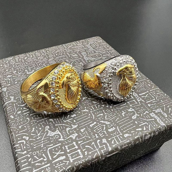 HIP Hop Rhinestone Paved Bling Iced Out Gold Stainless Steel Raptor Eagle Round Rings for Men Rapper Jewelry Gift  -  GeraldBlack.com