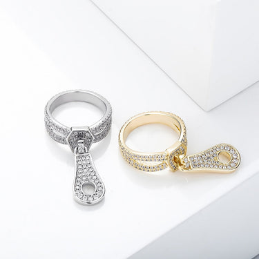 Hip Hop Style Yellow Gold Copper Iced Out Micro Pave CZ Women's Zipper Ring  -  GeraldBlack.com